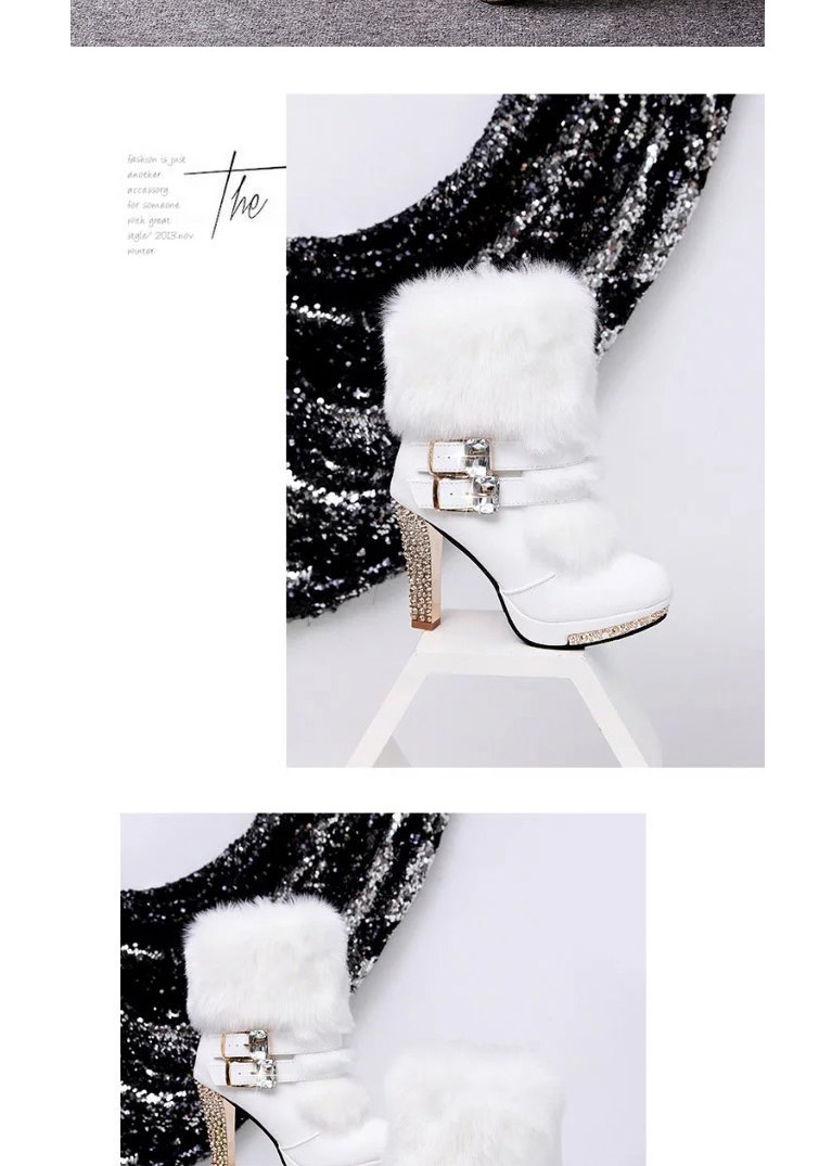 Fashion White Round Toe High-heeled Rhinestone Belt Buckle Side Zipper Mid-boots,Slippers