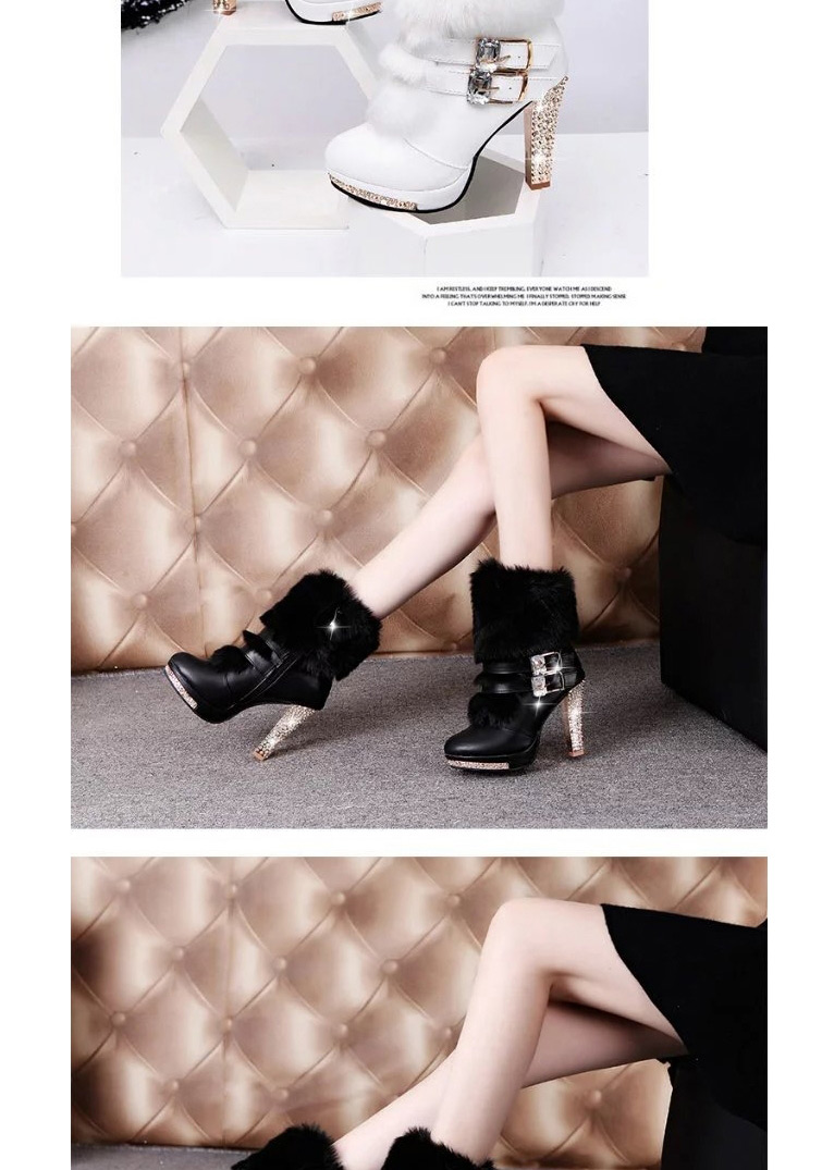 Fashion White Round Toe High-heeled Rhinestone Belt Buckle Side Zipper Mid-boots,Slippers