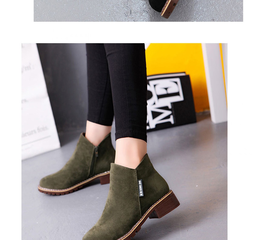 Fashion Green Frosted Low Heel Non-slip Side Zip Short Boots,Slippers