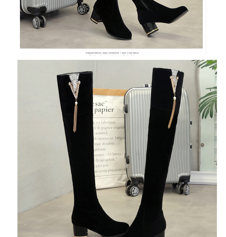 Fashion Black Chunky Heel Rhinestone Side Zip Over The Knee Martin Boots,Slippers