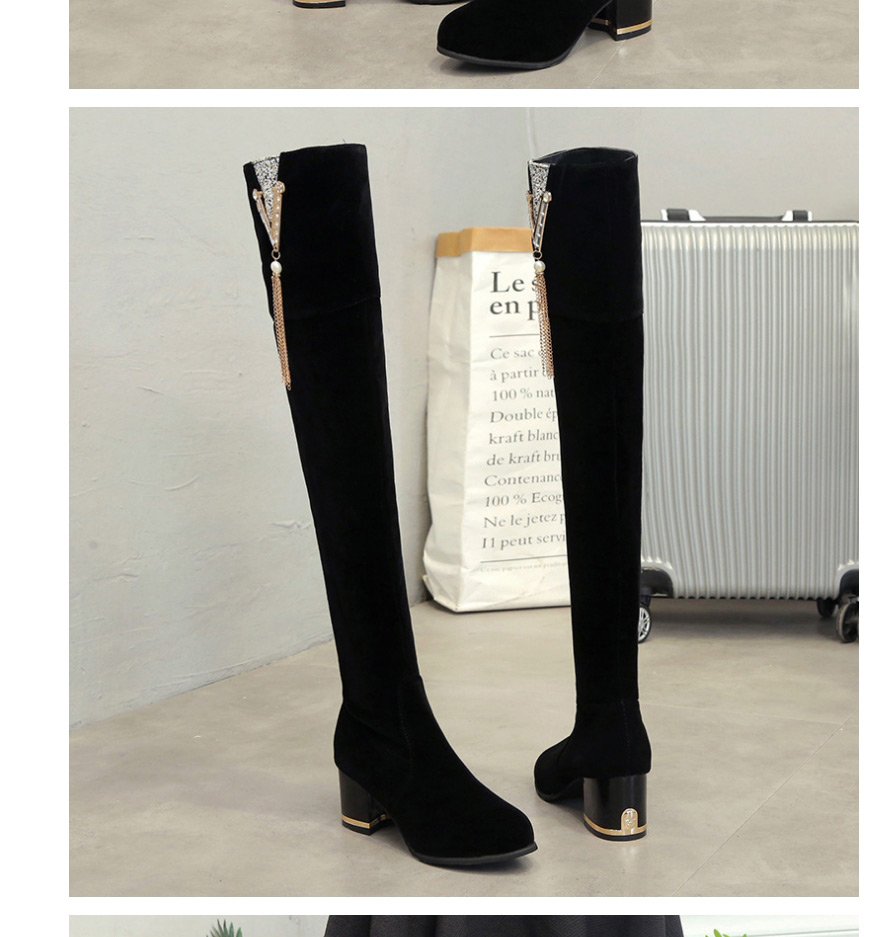 Fashion Black Chunky Heel Rhinestone Side Zip Over The Knee Martin Boots,Slippers
