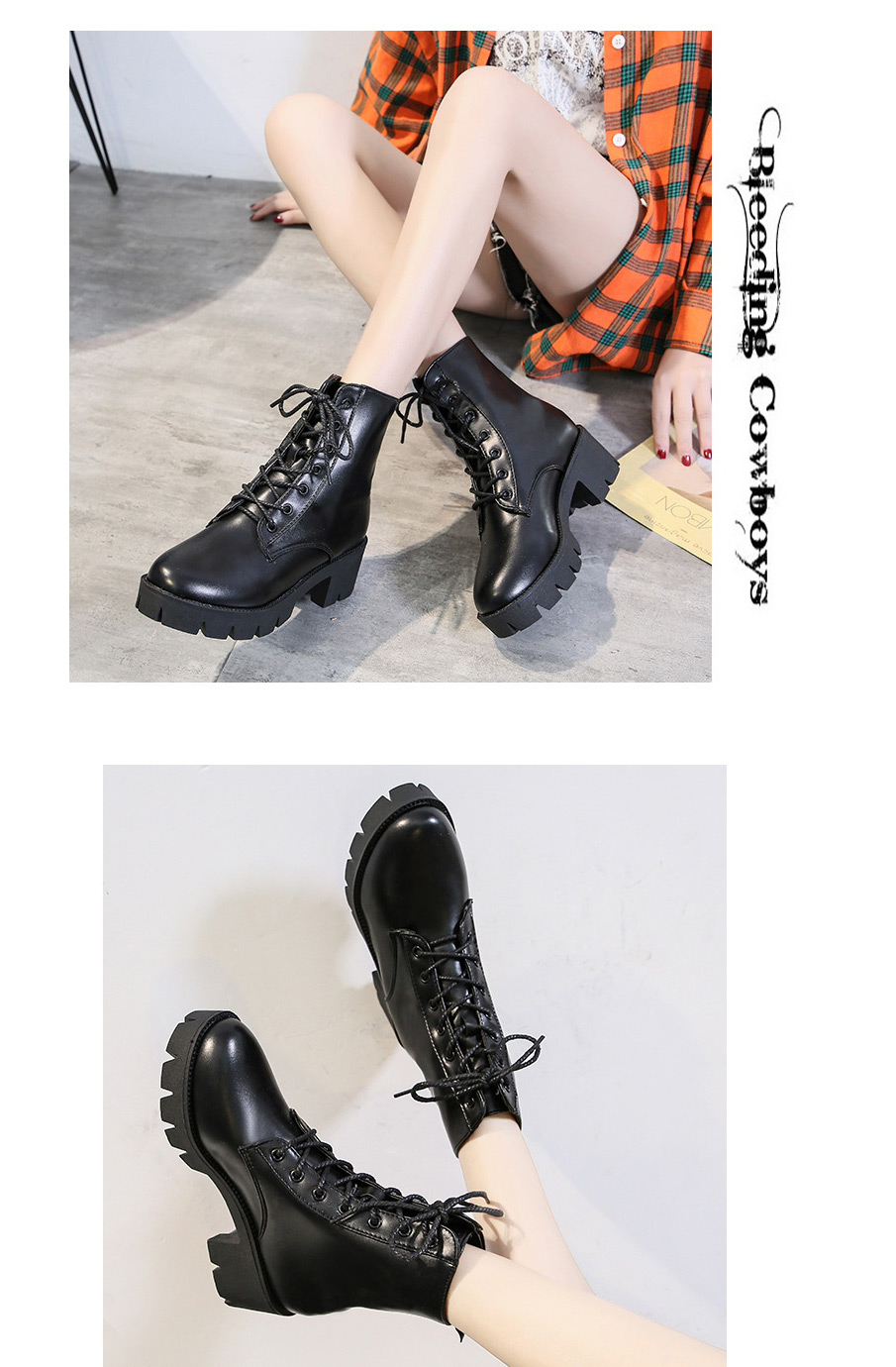 Fashion Black Round Toe Non-slip Lace-up Mid-tube Thick Heel Zip Martin Boots,Slippers