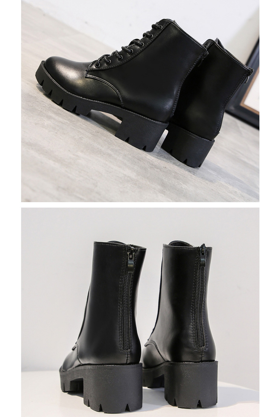 Fashion Black Round Toe Non-slip Lace-up Mid-tube Thick Heel Zip Martin Boots,Slippers