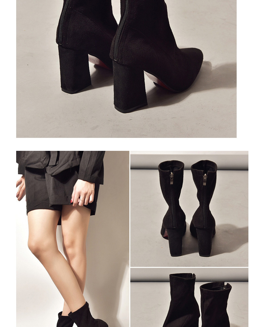 Fashion Black Pointed Non-slip Block Heel Suede Back Zipper Martin Boots,Slippers