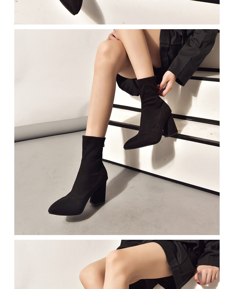 Fashion Black Pointed Non-slip Block Heel Suede Back Zipper Martin Boots,Slippers