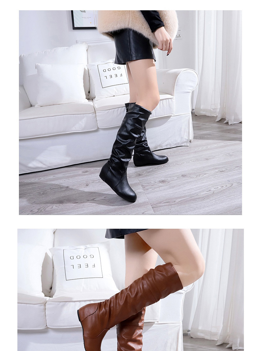 Fashion Brown Round Toe Non-slip Inner Heightening Flat Pleated Boots,Slippers