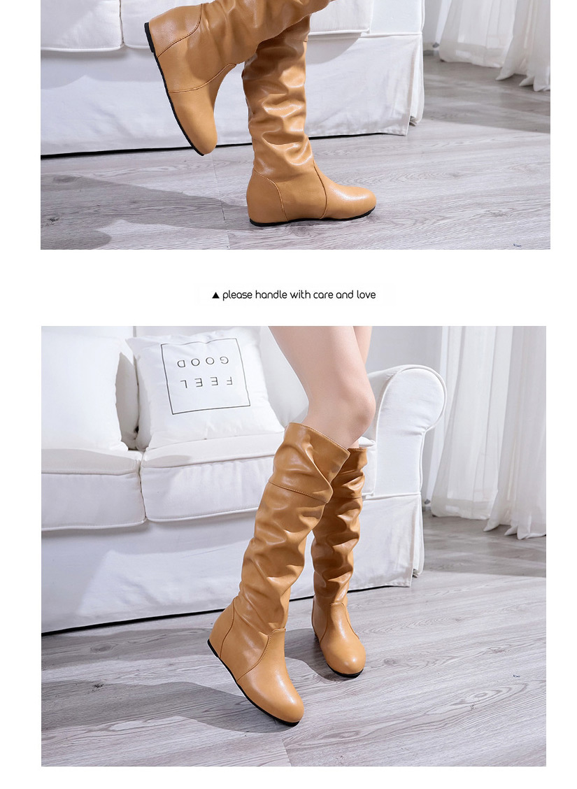 Fashion Yellow Round Toe Non-slip Inner Heightening Flat Pleated Boots,Slippers