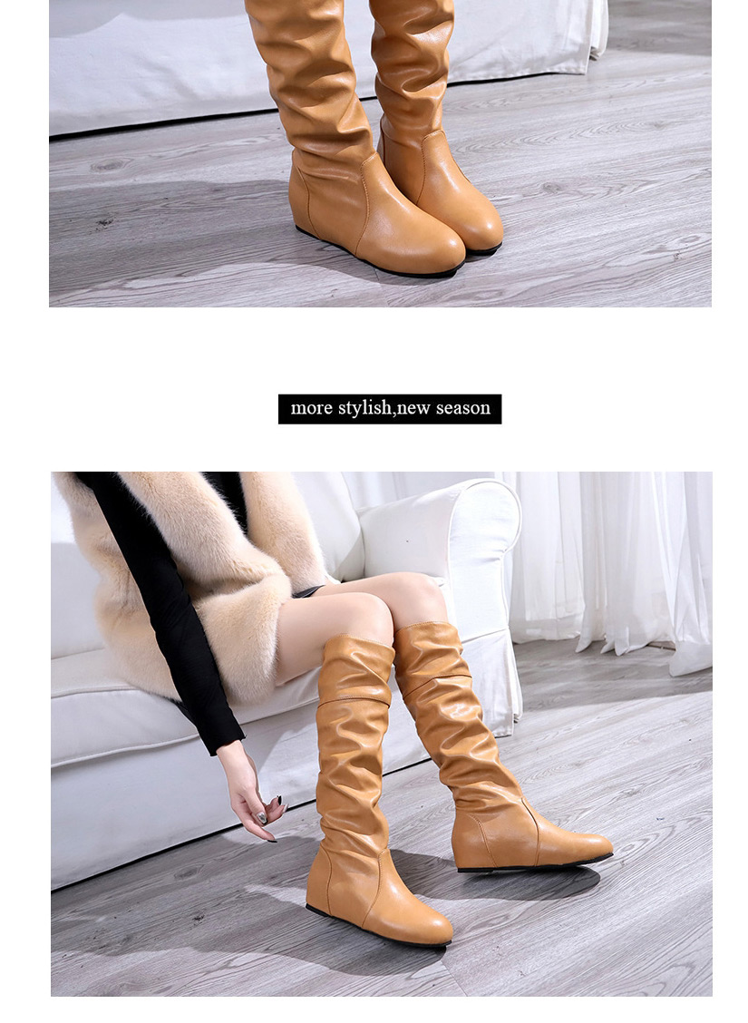 Fashion Gray Round Toe Non-slip Inner Heightening Flat Pleated Boots,Slippers