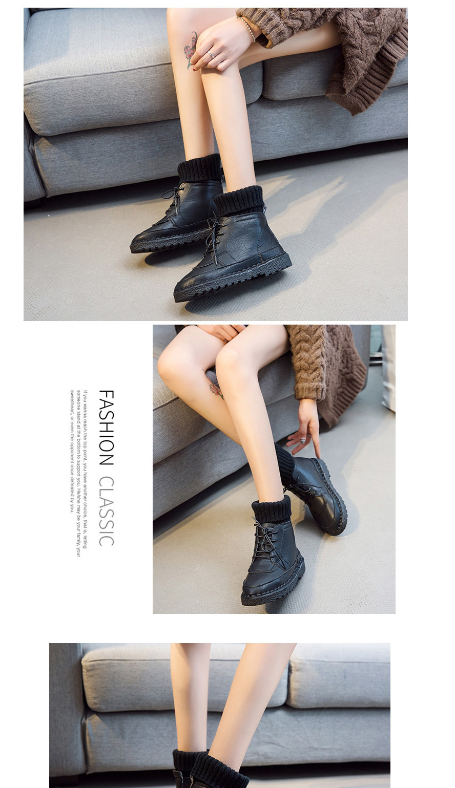 Fashion Black Round Toe Flat-bottomed Non-slip Lace-up Warm Wool Booties,Slippers