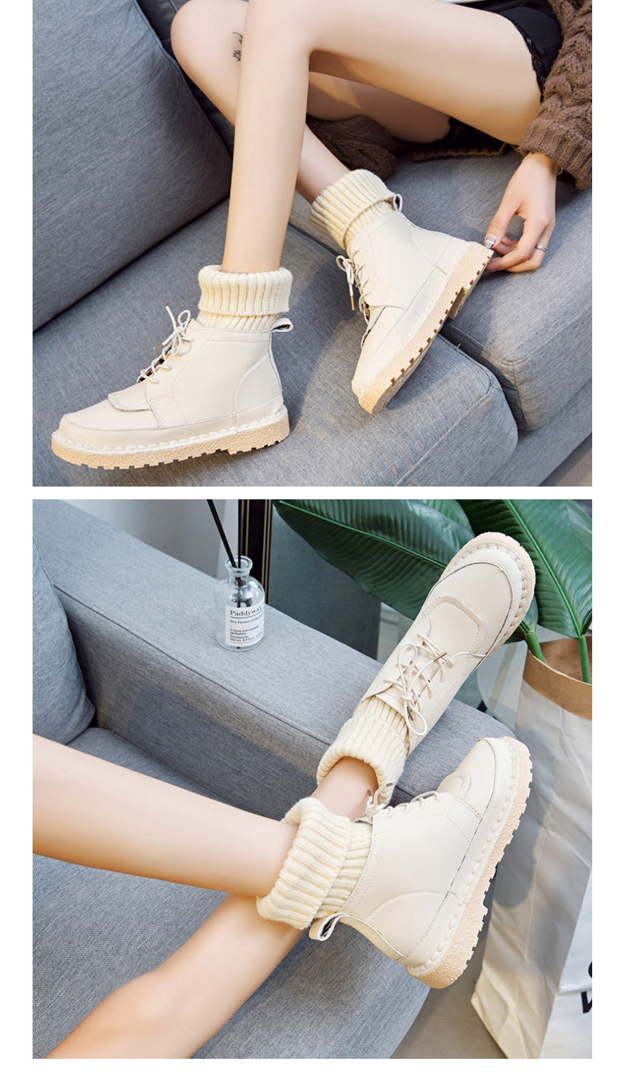 Fashion Yellow Round Toe Flat-bottomed Non-slip Lace-up Warm Wool Booties,Slippers
