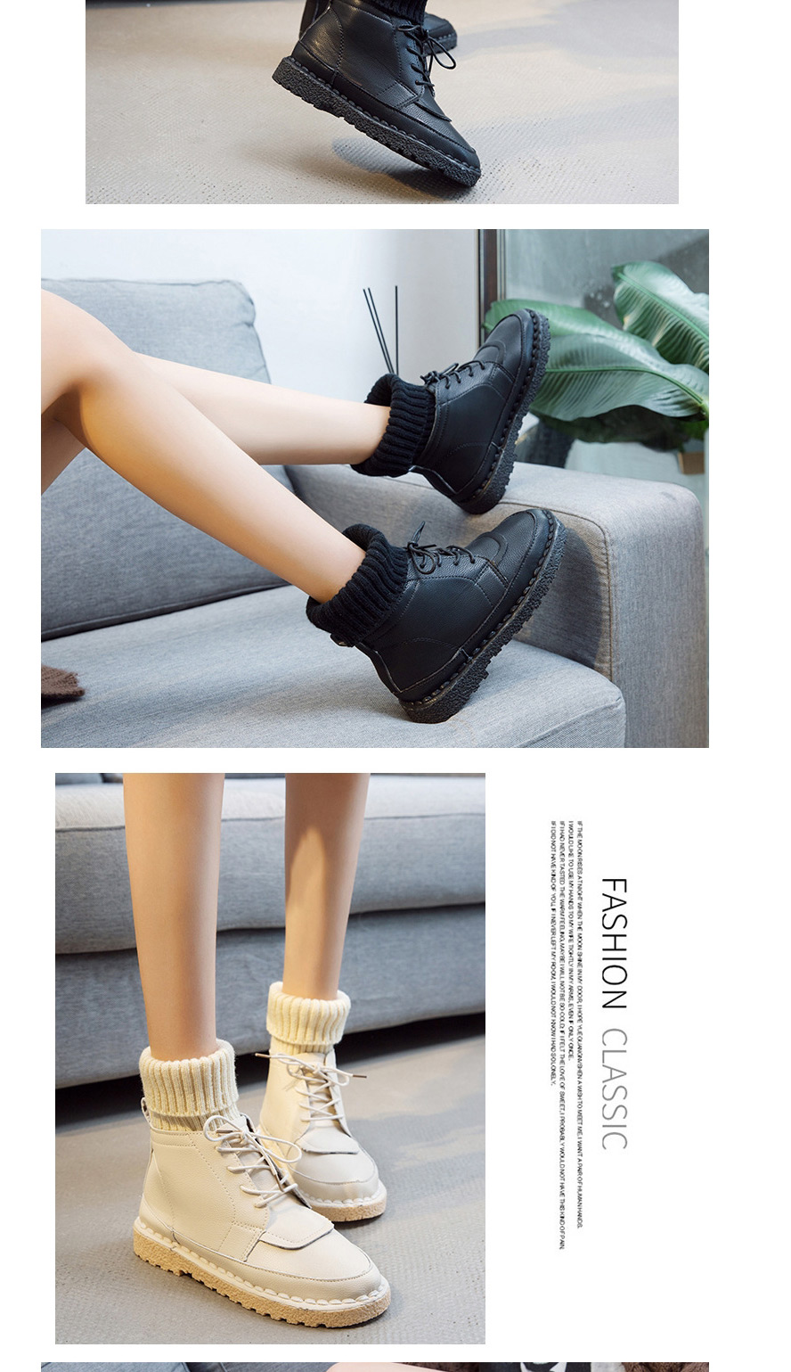 Fashion Black Round Toe Flat-bottomed Non-slip Lace-up Warm Wool Booties,Slippers