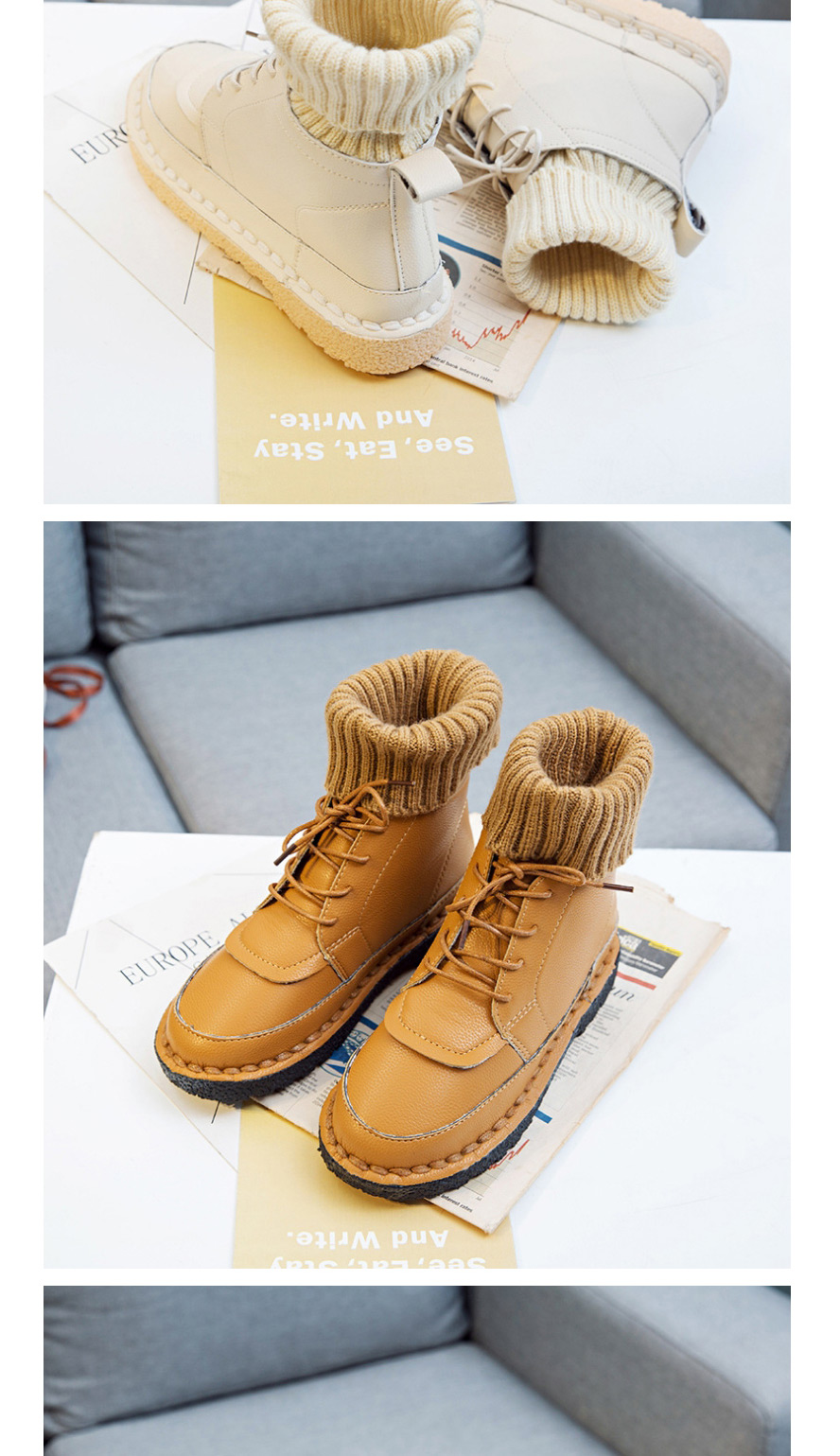 Fashion Beige Round Toe Flat-bottomed Non-slip Lace-up Warm Wool Booties,Slippers