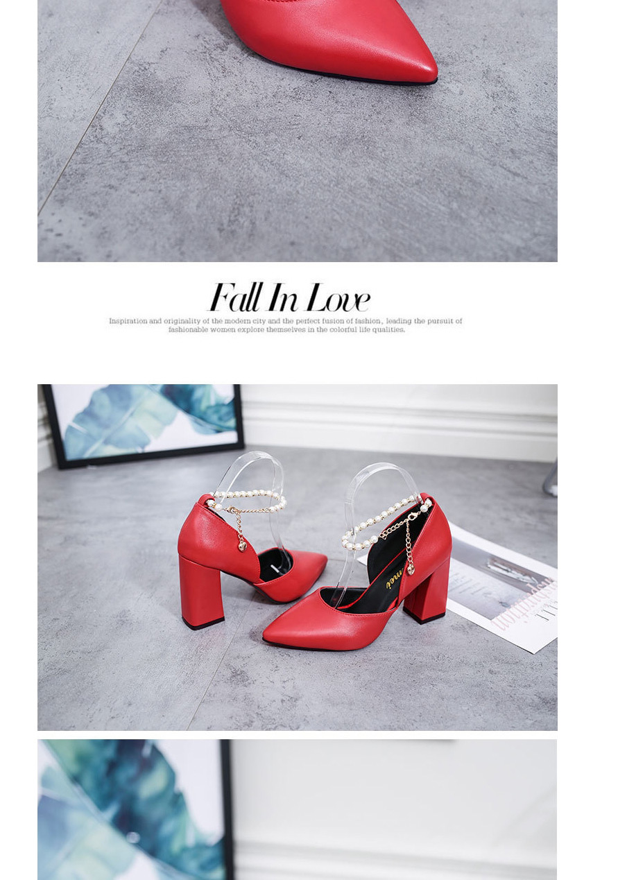 Fashion Red Pointed Thick Heel Hollow Non-slip Pearl Chain Buckle Shoes,Slippers
