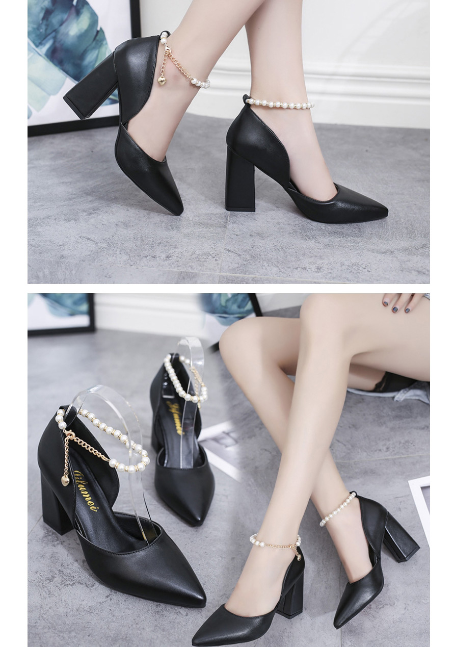Fashion White Pointed Thick Heel Hollow Non-slip Pearl Chain Buckle Shoes,Slippers