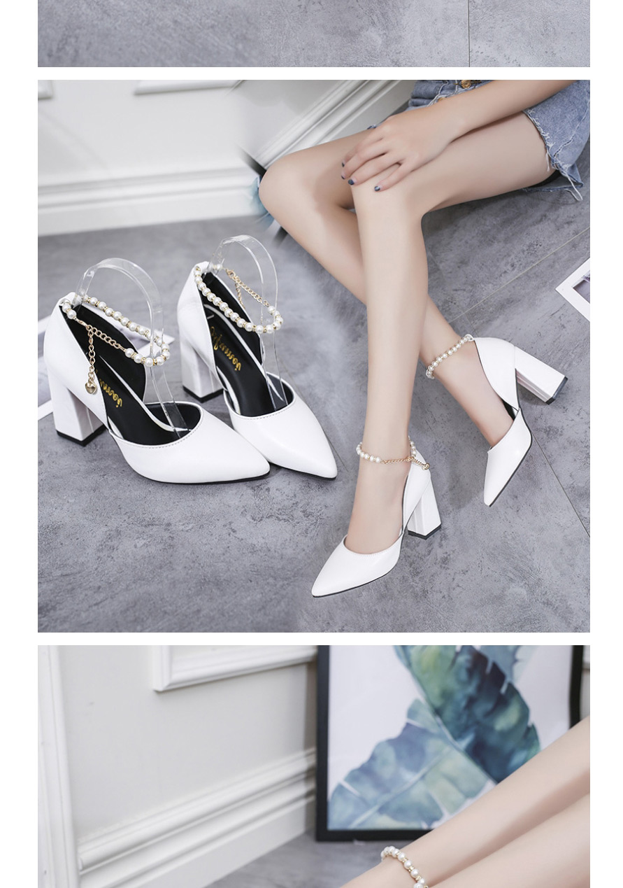 Fashion Black Pointed Thick Heel Hollow Non-slip Pearl Chain Buckle Shoes,Slippers