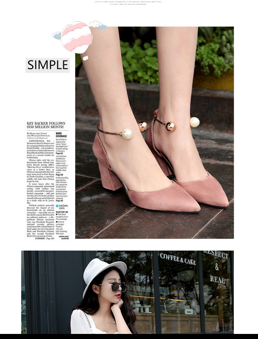 Fashion Beige Suede Pointed Toe Hollow Thick Heel Breathable Pearl Ankle Sandals,Slippers