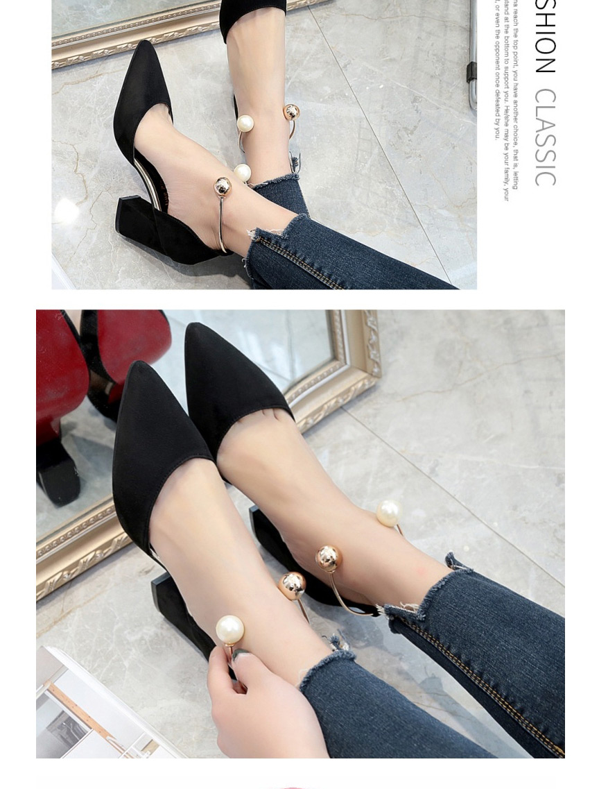 Fashion Black Suede Pointed Toe Hollow Thick Heel Breathable Pearl Ankle Sandals,Slippers