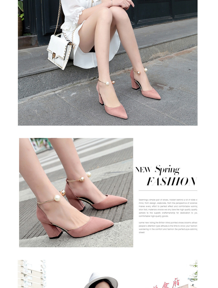 Fashion Beige Suede Pointed Toe Hollow Thick Heel Breathable Pearl Ankle Sandals,Slippers
