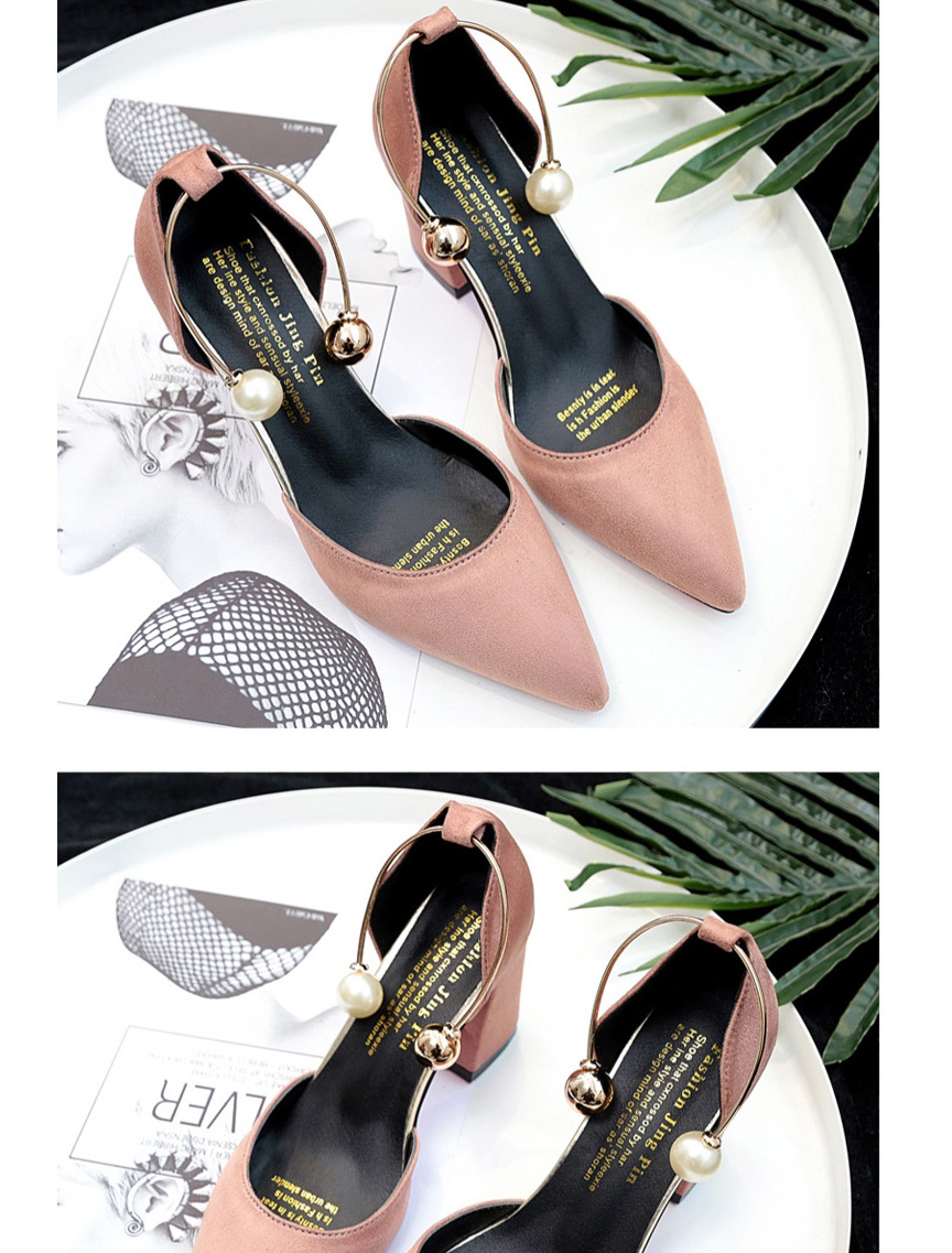 Fashion Pink Suede Pointed Toe Hollow Thick Heel Breathable Pearl Ankle Sandals,Slippers