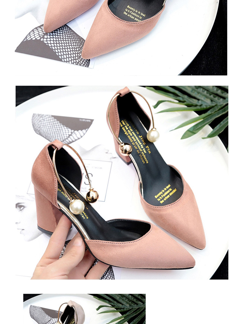 Fashion Black Suede Pointed Toe Hollow Thick Heel Breathable Pearl Ankle Sandals,Slippers