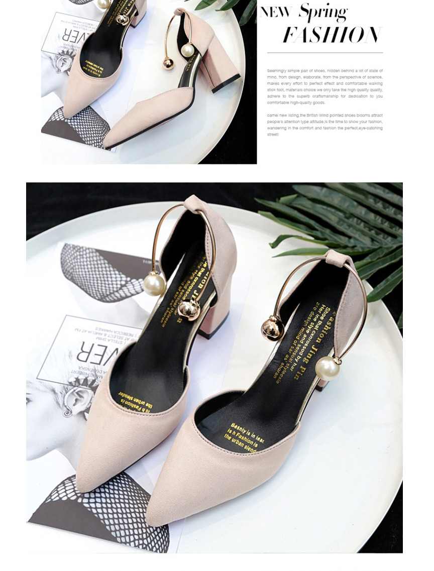 Fashion Pink Suede Pointed Toe Hollow Thick Heel Breathable Pearl Ankle Sandals,Slippers