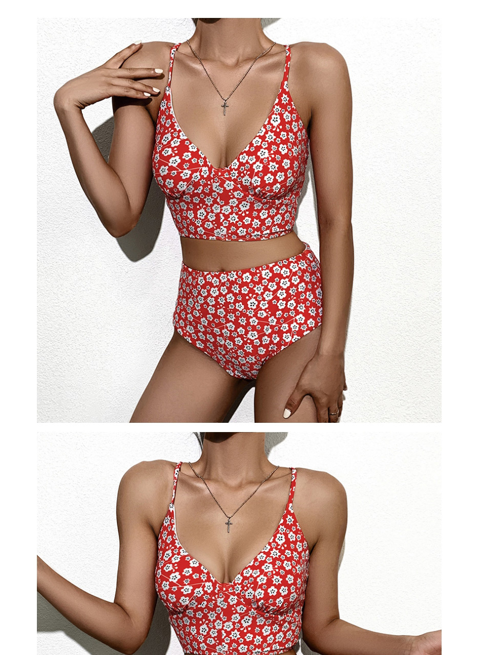 Fashion Red High-waisted Floral Print Tie Split Swimsuit,Bikini Sets