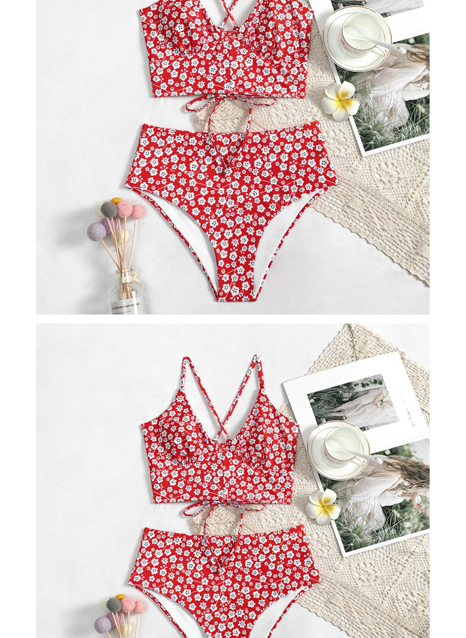 Fashion Red High-waisted Floral Print Tie Split Swimsuit,Bikini Sets