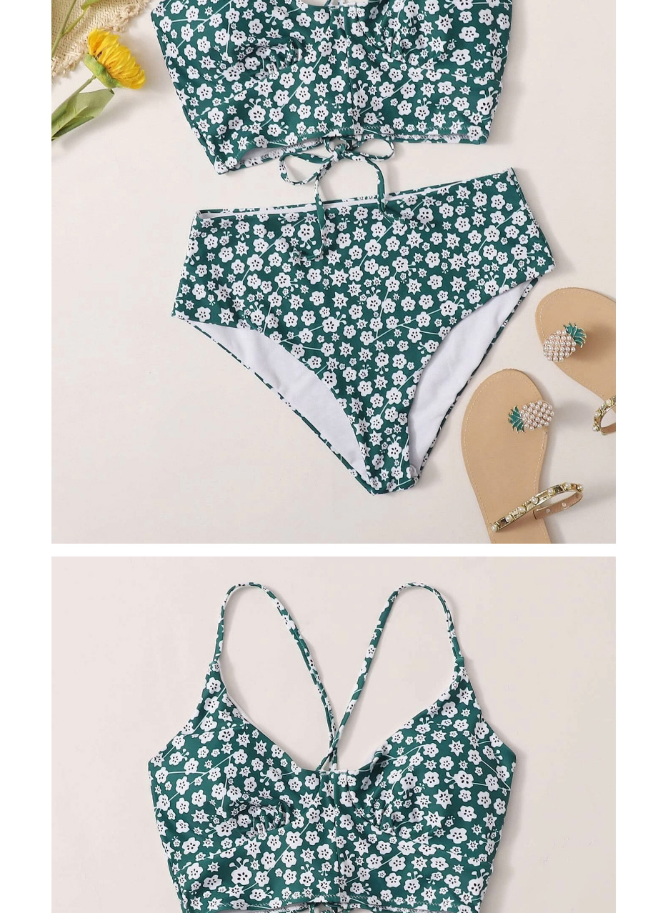 Fashion Green High-waisted Floral Print Tie Split Swimsuit,Bikini Sets