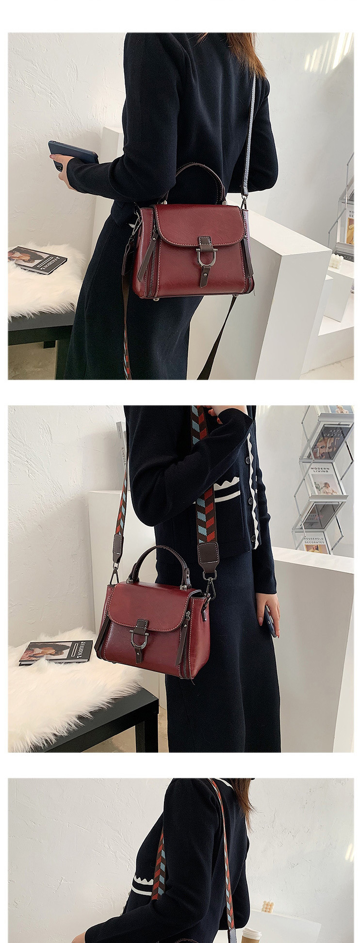 Fashion Red Zipper Stitching Flap Wide Shoulder Strap One-shoulder Messenger Bag,Shoulder bags