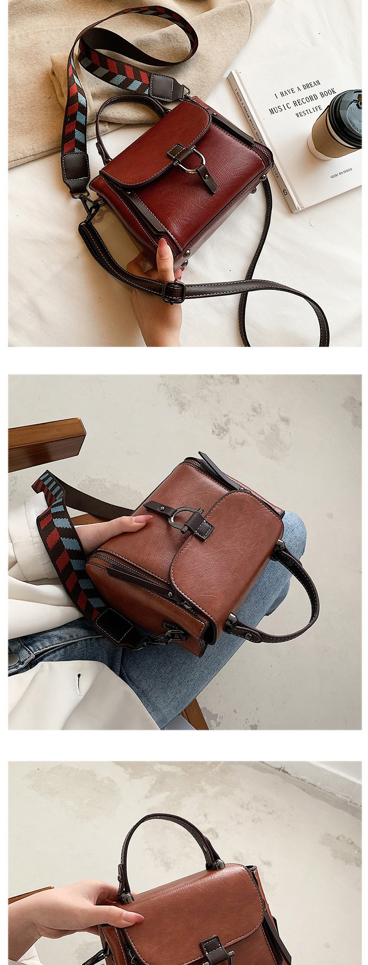 Fashion Red Zipper Stitching Flap Wide Shoulder Strap One-shoulder Messenger Bag,Shoulder bags