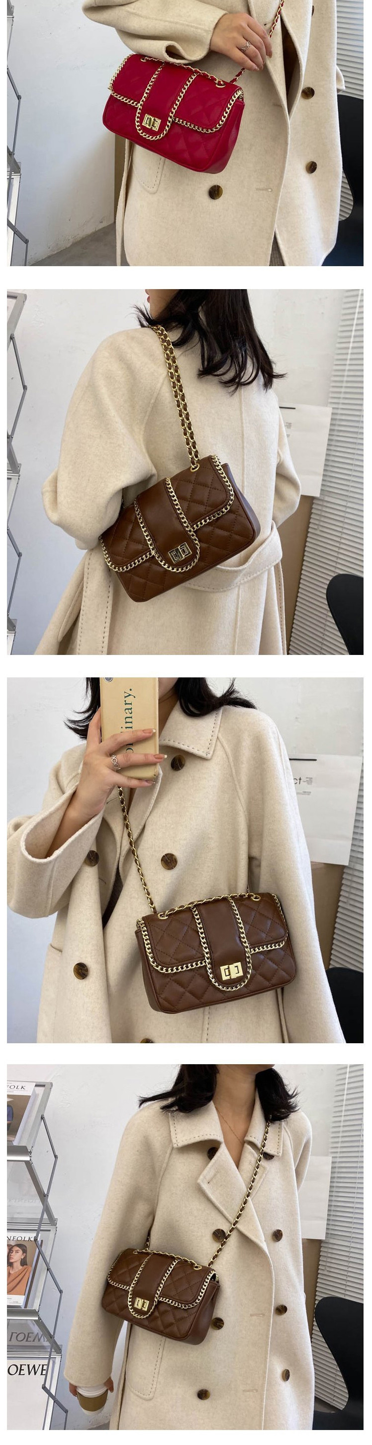Fashion Dark Brown Chain Rhombus Lock Shoulder Messenger Bag,Shoulder bags
