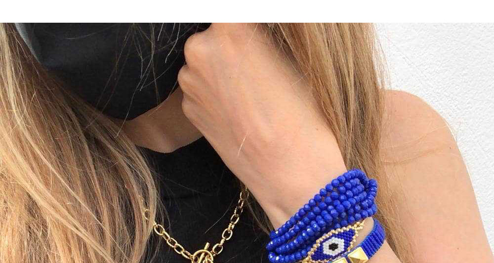 Fashion Rivet Blue Rice Beads Crystal Beaded Hand-woven Eye Rivet Bracelet,Beaded Bracelet