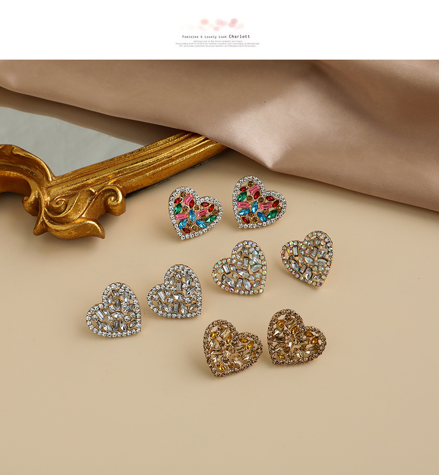 Fashion Champagne Alloy Diamond Hollow Heart Earrings,Stud Earrings