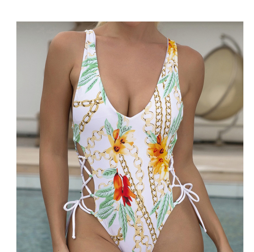 Fashion White Printed Swimsuit Strappy Halter One-piece Swimsuit,One Pieces