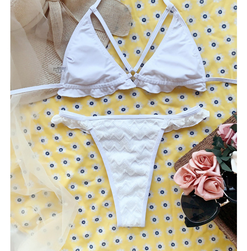 Fashion White Lace Solid Color Ruffled Split Swimsuit,Bikini Sets