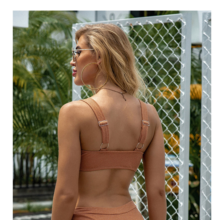 Fashion Brown Solid Color Bow Tie Split Swimsuit,Bikini Sets
