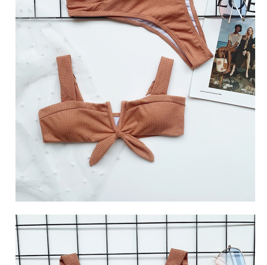 Fashion Brown Solid Color Bow Tie Split Swimsuit,Bikini Sets