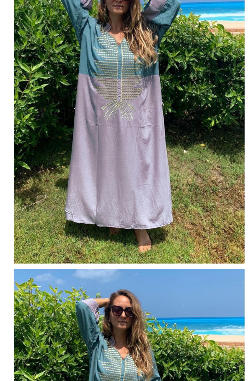 Fashion Green With Gray Loose Long Skirt Embroidered Loose Dress Long Skirt Blouse,Sunscreen Shirts