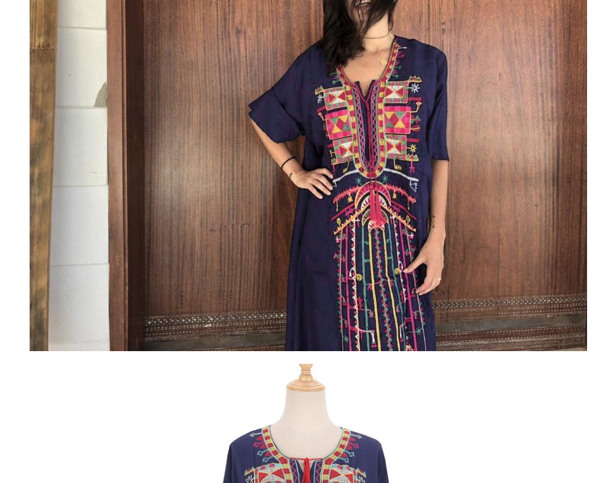 Fashion Zhang Cyan Short-sleeved Embroidered V-neck Print Dress Blouse,Sunscreen Shirts
