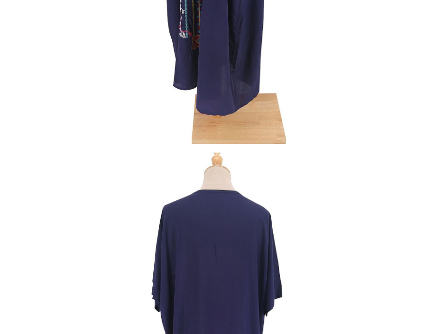 Fashion Zhang Cyan Short-sleeved Embroidered V-neck Print Dress Blouse,Sunscreen Shirts