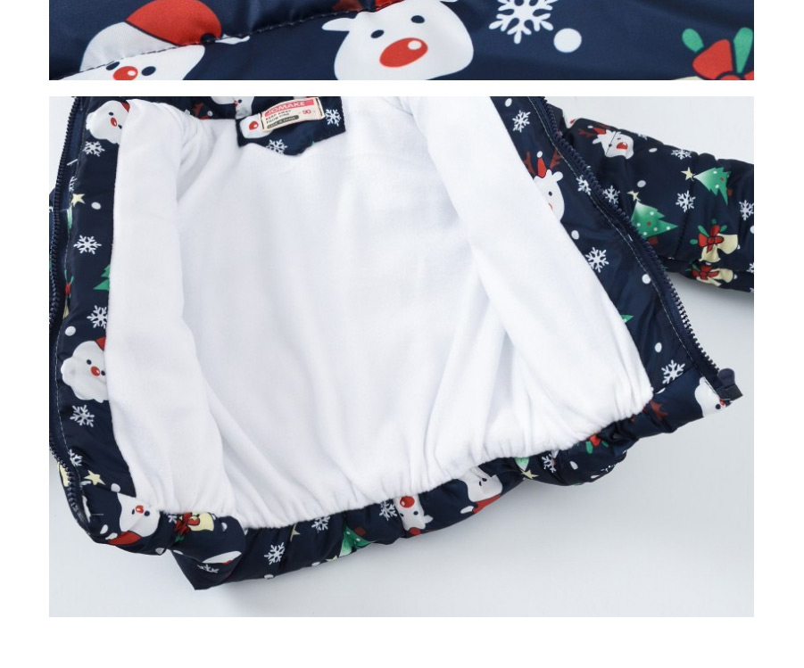 Fashion Dark Blue Christmas Print Stitching Pocket Zipper Childrens Hooded Cotton Coat,Kids Clothing