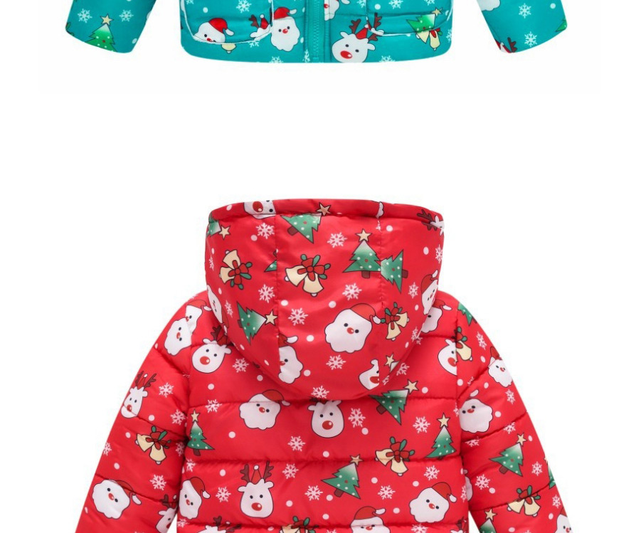 Fashion Green Christmas Print Stitching Pocket Zipper Childrens Hooded Cotton Coat,Kids Clothing