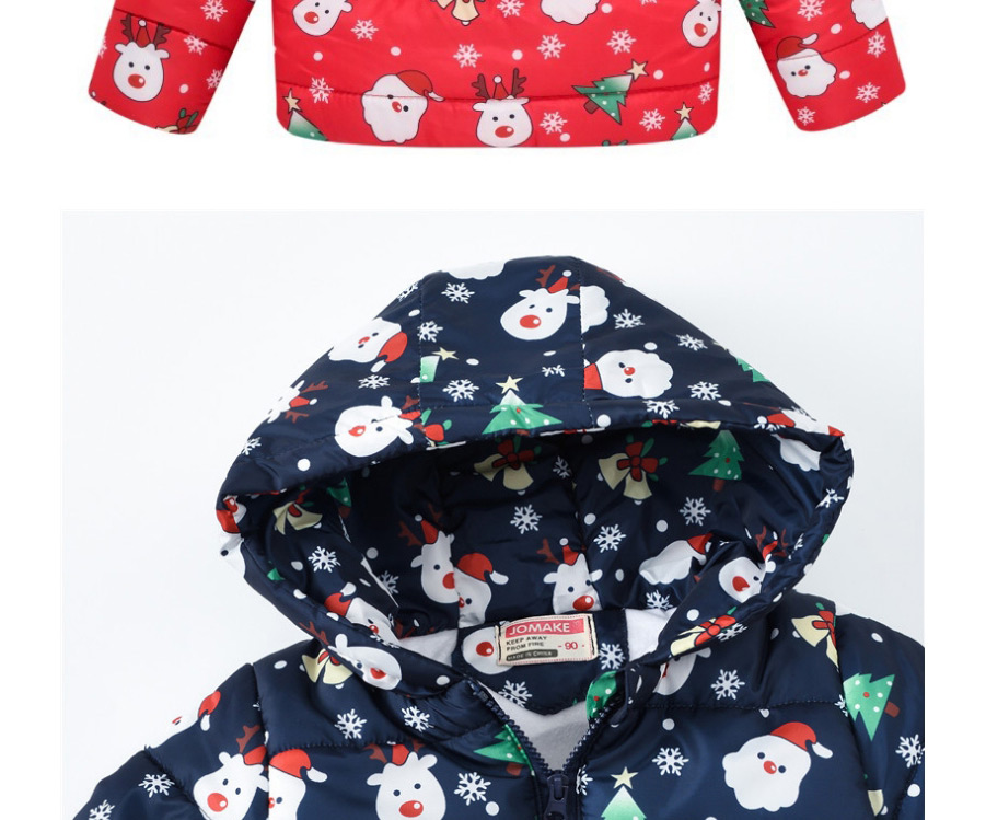 Fashion Red Christmas Print Stitching Pocket Zipper Childrens Hooded Cotton Coat,Kids Clothing