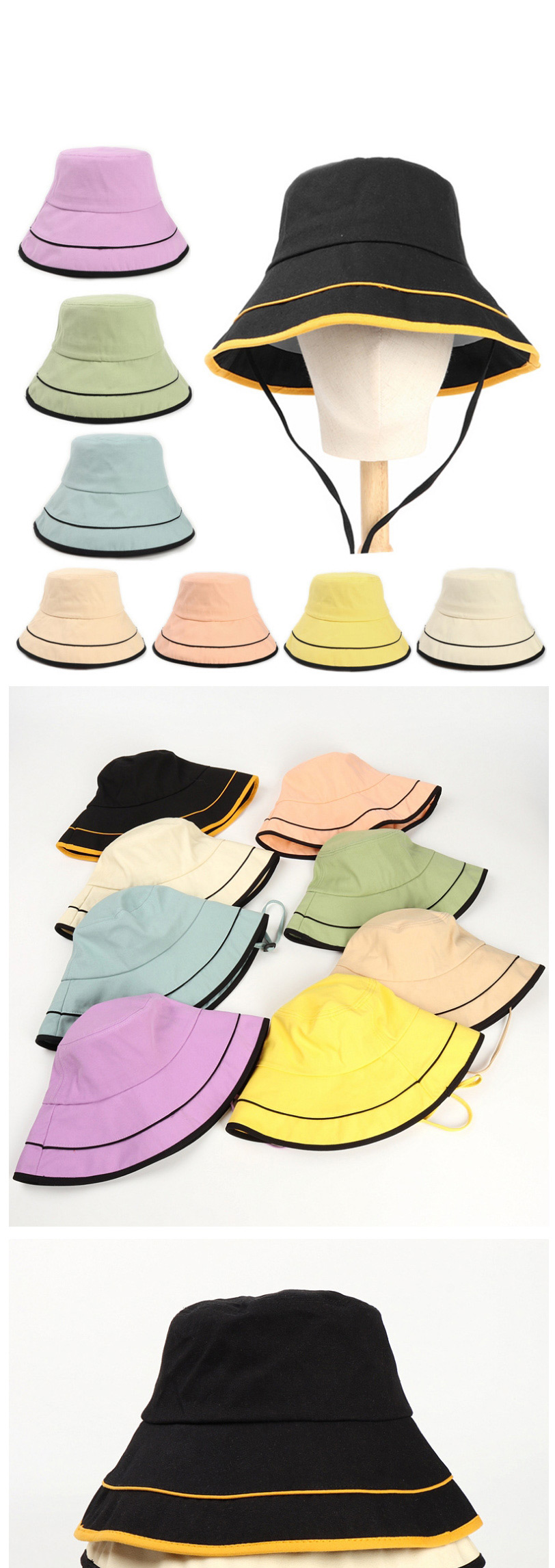 Fashion Beige (with Windproof Rope) Folded Double Layer Stitching Contrast Color Fisherman Hat,Sun Hats