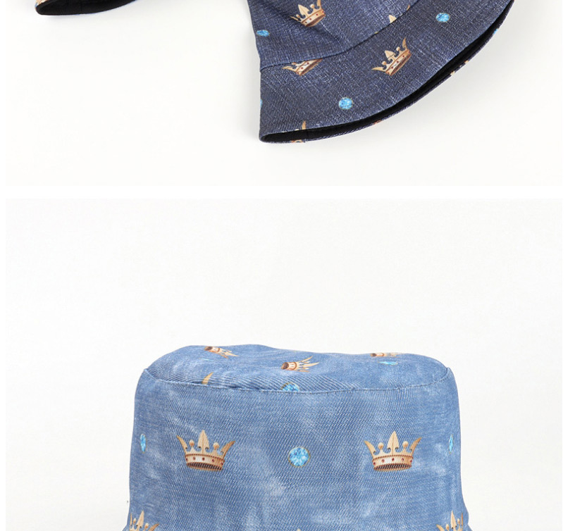 Fashion Light Blue Cowboy Double-sided Crown Diamond Print Fisherman Hat,Sun Hats