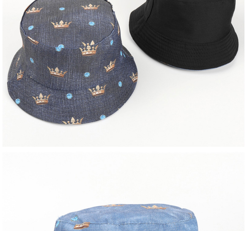 Fashion Dark Blue Cowboy Double-sided Crown Diamond Print Fisherman Hat,Sun Hats