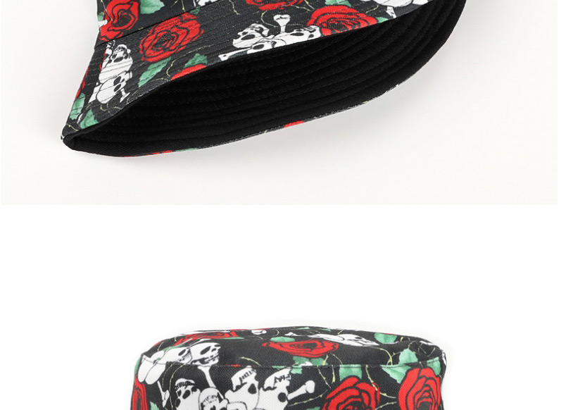Fashion Black Double-sided Printed Fisherman Hat With Rose Skull,Sun Hats
