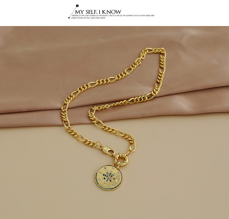 Fashion Round Compass Copper Inlaid Zircon Thick Chain Geometric Necklace,Necklaces