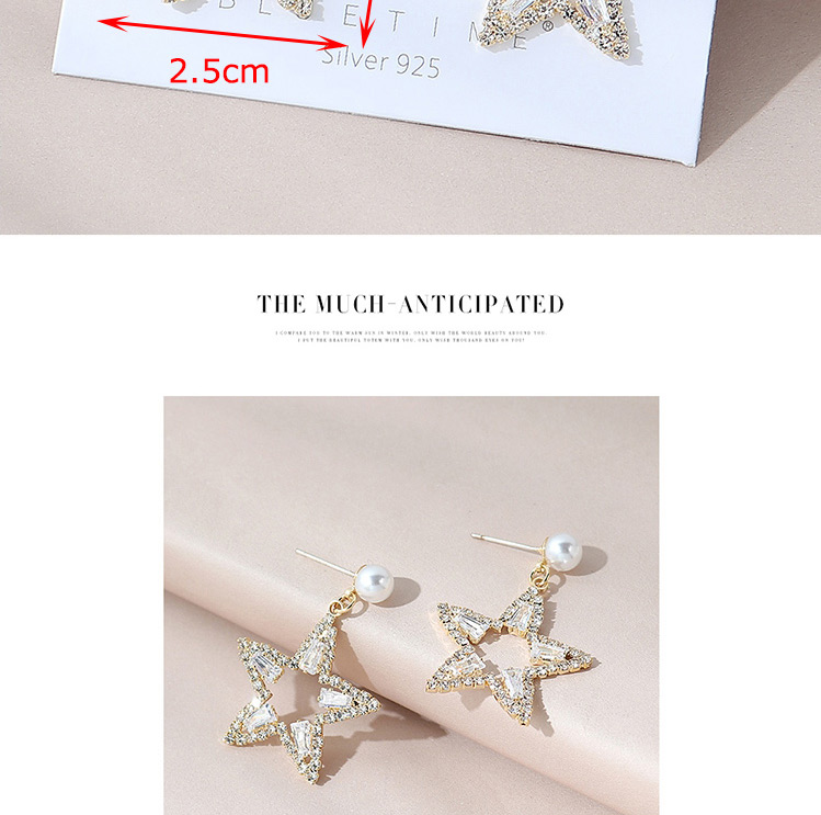 Fashion Golden Real Gold-plated Pearl And Five-pointed Star Diamond Earrings,Stud Earrings