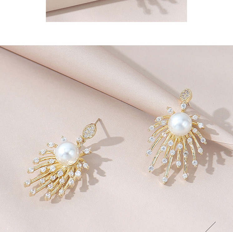 Fashion Golden Real Gold Plated Pearl And Diamond Firework Earrings,Stud Earrings
